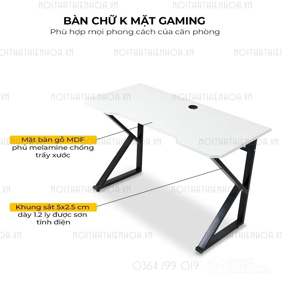 Bàn chữ K mặt Gaming Tích hợp lỗ đi dây Chân đen Mặt trắng