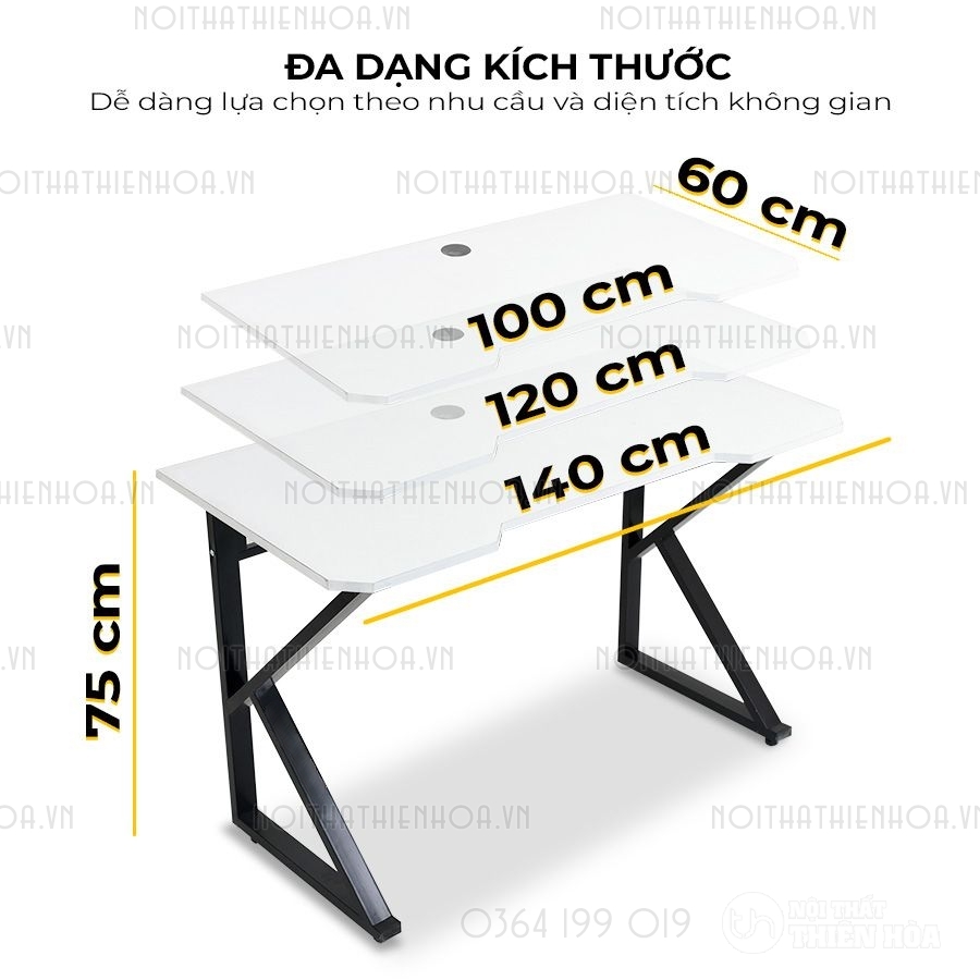 Bàn chữ K mặt Gaming Tích hợp lỗ đi dây Chân đen Mặt trắng - Đa dạng kích thước