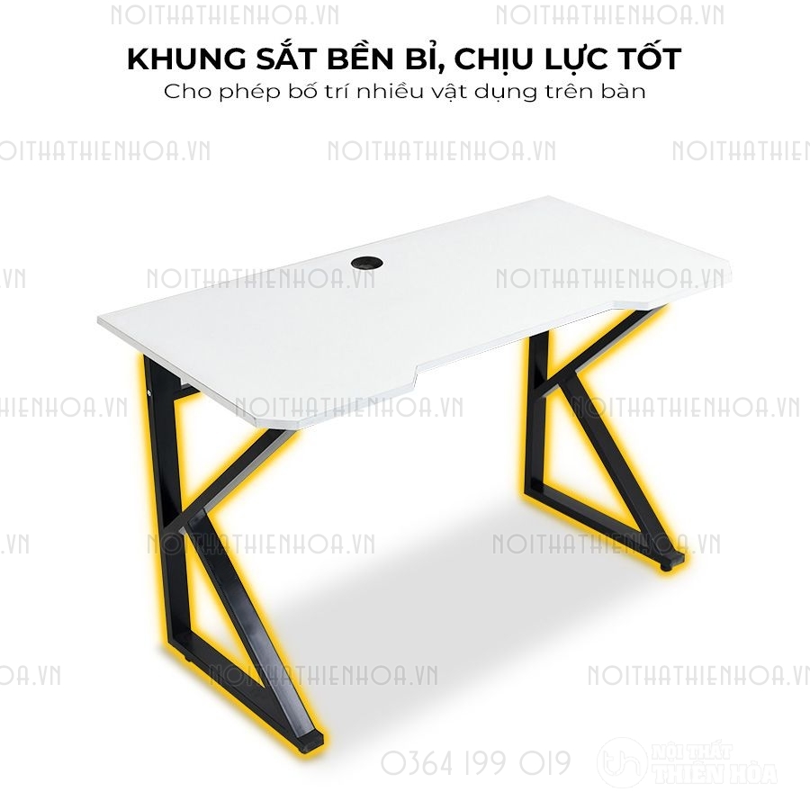 Bàn chữ K mặt Gaming Tích hợp lỗ đi dây Chân đen Mặt trắng - Khung sắ bền bỉ, chịu lực tốt