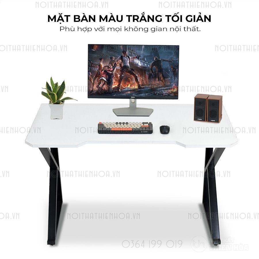 Bàn chữ K mặt Gaming Tích hợp lỗ đi dây Chân đen Mặt trắng - Mặt bàn màu trắng tối giản
