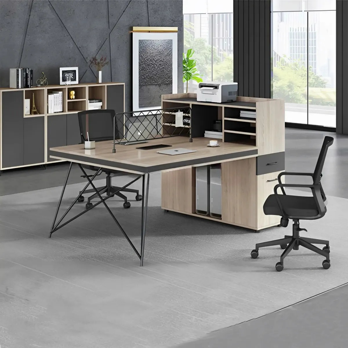 cum-ban-lam-viec-2-cho-chan-sat-cheo-co-tu-phu-ke-luu-tru-01 Cụm Bàn Làm Việc 2 Chỗ Chân Sắt Chéo Có Tủ Phụ Và Kệ Lưu Trữ