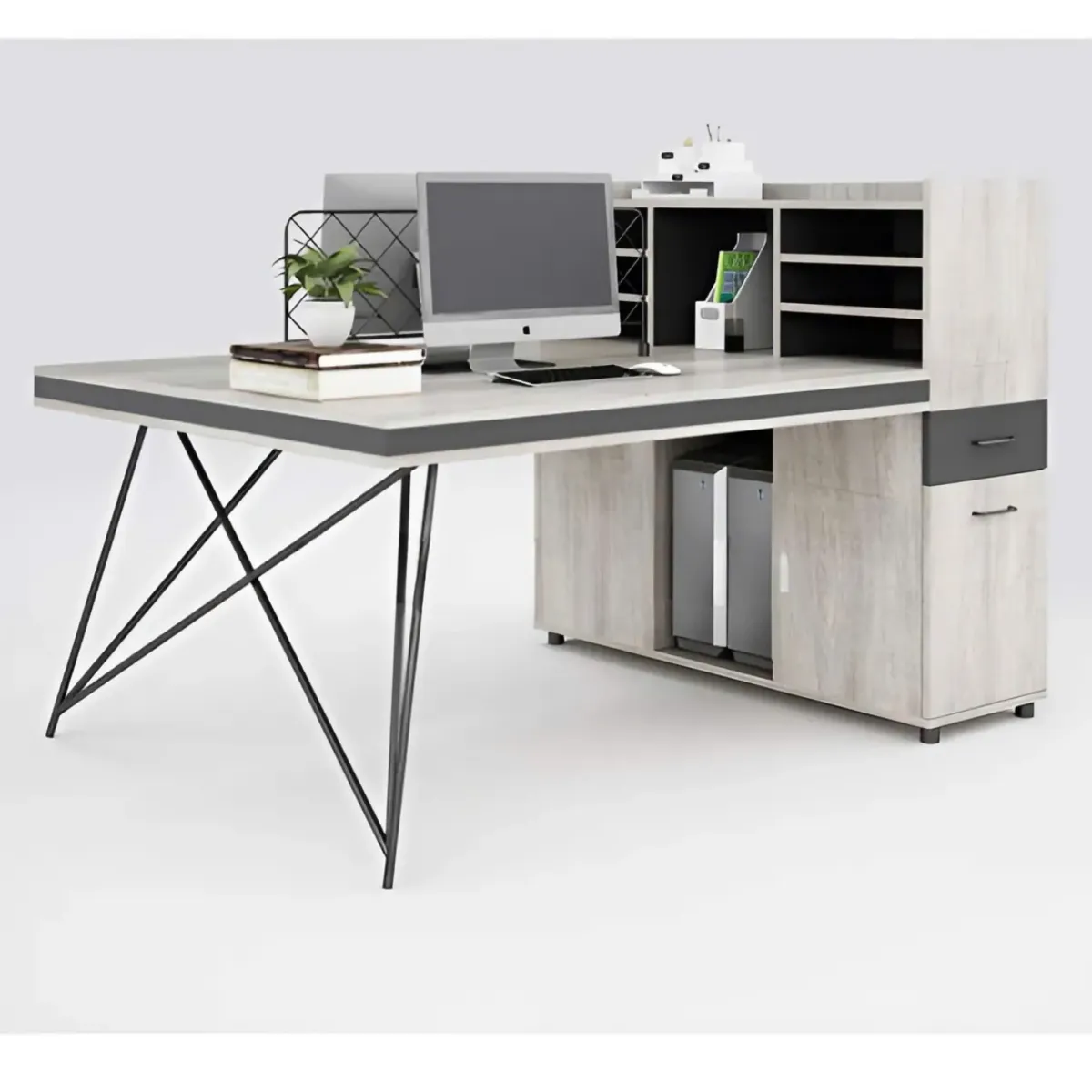 cum-ban-lam-viec-2-cho-chan-sat-cheo-co-tu-phu-ke-luu-tru-02 Cụm Bàn Làm Việc 2 Chỗ Chân Sắt Chéo Có Tủ Phụ Và Kệ Lưu Trữ