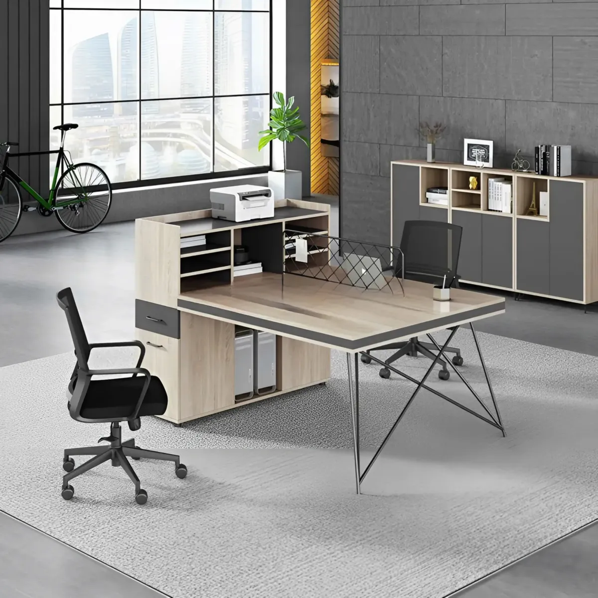 cum-ban-lam-viec-2-cho-chan-sat-cheo-co-tu-phu-ke-luu-tru-03 Cụm Bàn Làm Việc 2 Chỗ Chân Sắt Chéo Có Tủ Phụ Và Kệ Lưu Trữ