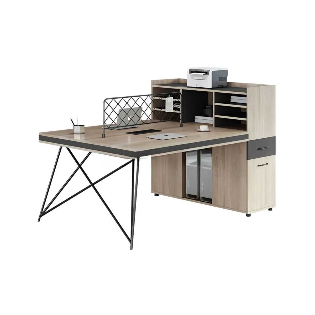 cum-ban-lam-viec-2-cho-chan-sat-cheo-co-tu-phu-ke-luu-tru-06 Cụm Bàn Làm Việc 2 Chỗ Chân Sắt Chéo Có Tủ Phụ Và Kệ Lưu Trữ