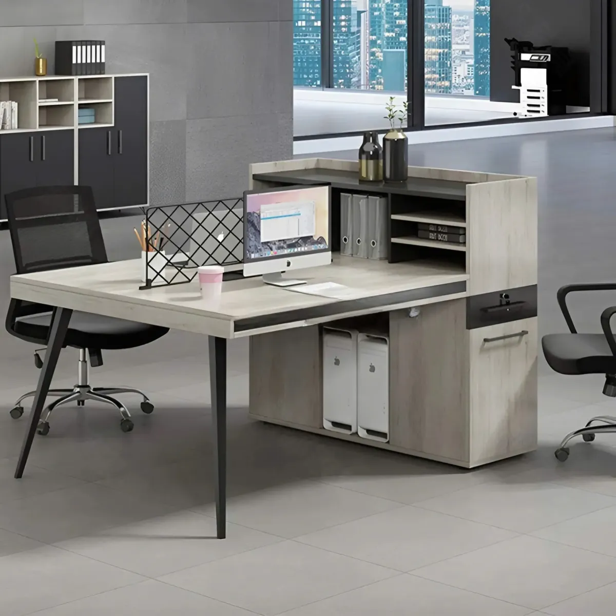 Cụm Bàn Làm Việc 2 Chỗ Thiết Kế Bàn Văn Phòng Có Kệ Tiện Lợi