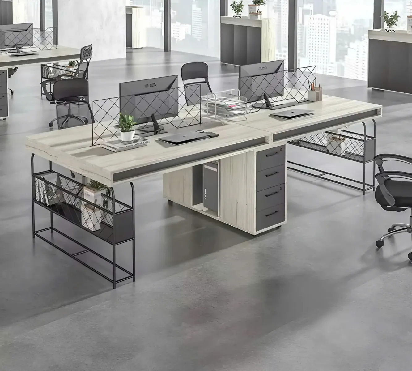 cum-ban-lam-viec-4-nguoi-co-hoc-tu-ke-sat-01 Cụm Bàn Làm Việc 4 Nhân Viên Có Hộc Tủ Và Kệ Sắt Tiện Lợi