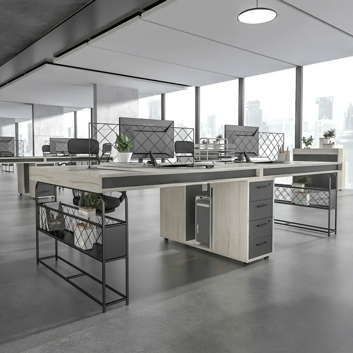 cum-ban-lam-viec-4-nguoi-co-hoc-tu-ke-sat-02 Cụm Bàn Làm Việc 4 Nhân Viên Có Hộc Tủ Và Kệ Sắt Tiện Lợi