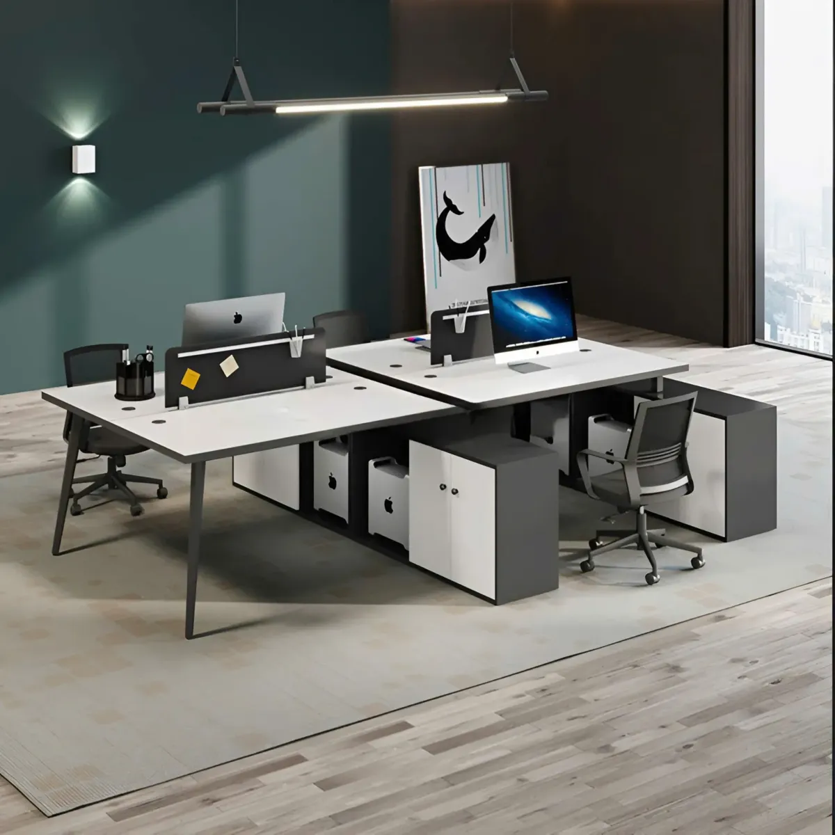 cum-ban-lam-viec-4-nguoi-kem-ke-linh-hoat-01 Cụm Bàn Làm Việc 4 Người Kèm Kệ Linh Hoạt Hiện Đại