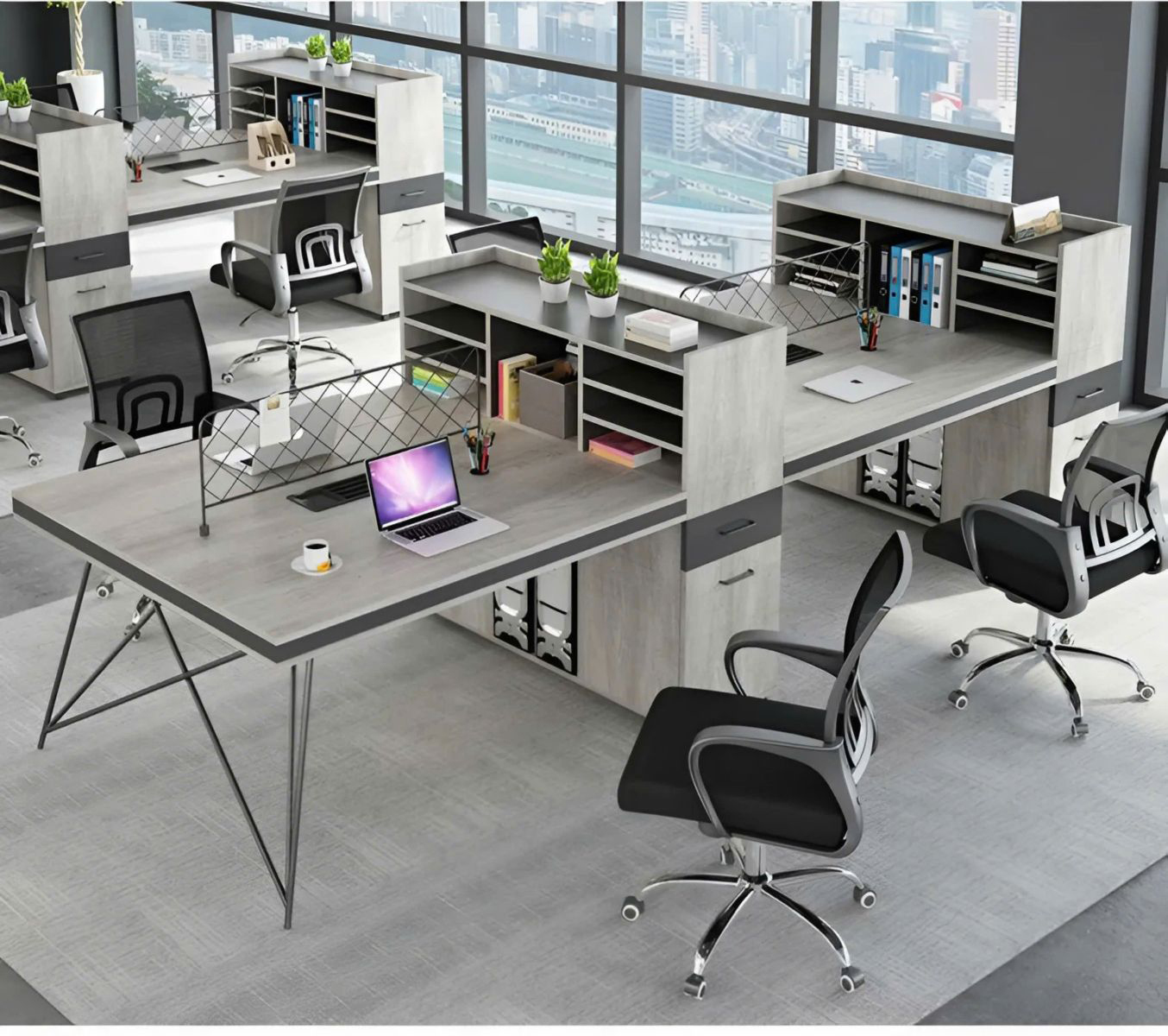 cum-ban-lam-viec-4-nguoi-kem-ke-nhieu-tang-sieu-gon-01 Cụm Bàn Làm Việc 4 Người Kèm Kệ Nhiều Tầng Siêu Gọn