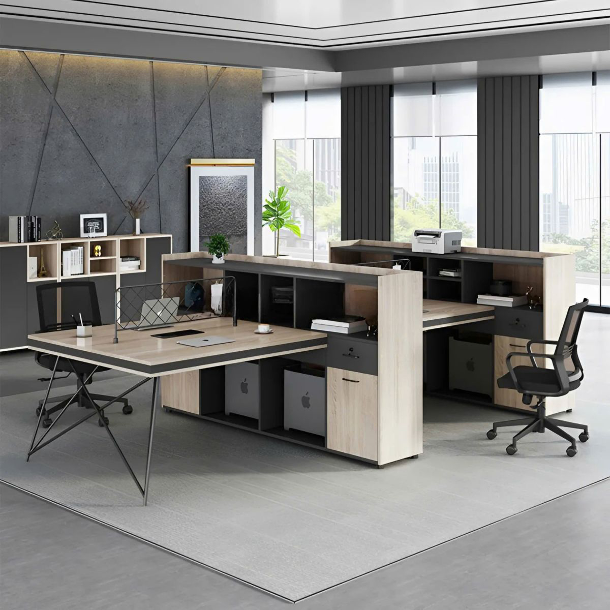 cum-ban-lam-viec-chan-sat-chu-x-4-cho-thiet-ke-tu-tinh-gon-01 Cụm Bàn Làm Việc Chân Sắt Chữ X 4 Chỗ Thiết Kế Tủ Tinh Gọn