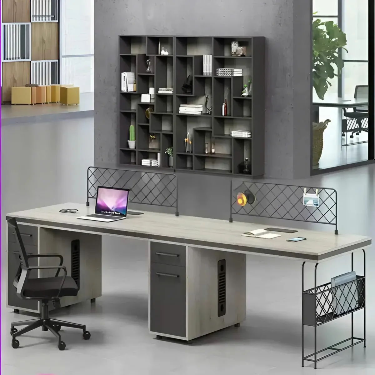 Cụm Bàn Làm Việc Đôi Chân Sắt Hộc Tủ Gỗ Công Nghiệp